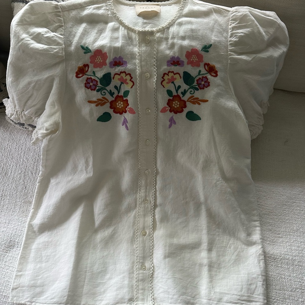 Sezane Cream Blouse with Multicolor Floral Embroidery - Picture 3 of 3